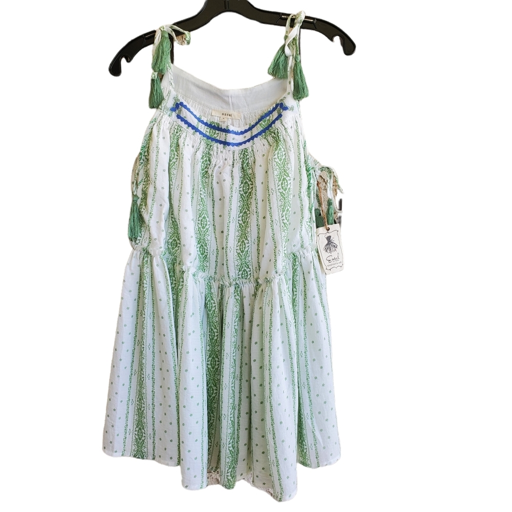 Easel Green White Ruched Tie Straps Tank Top Blouse Embroidery Blue Flouncy